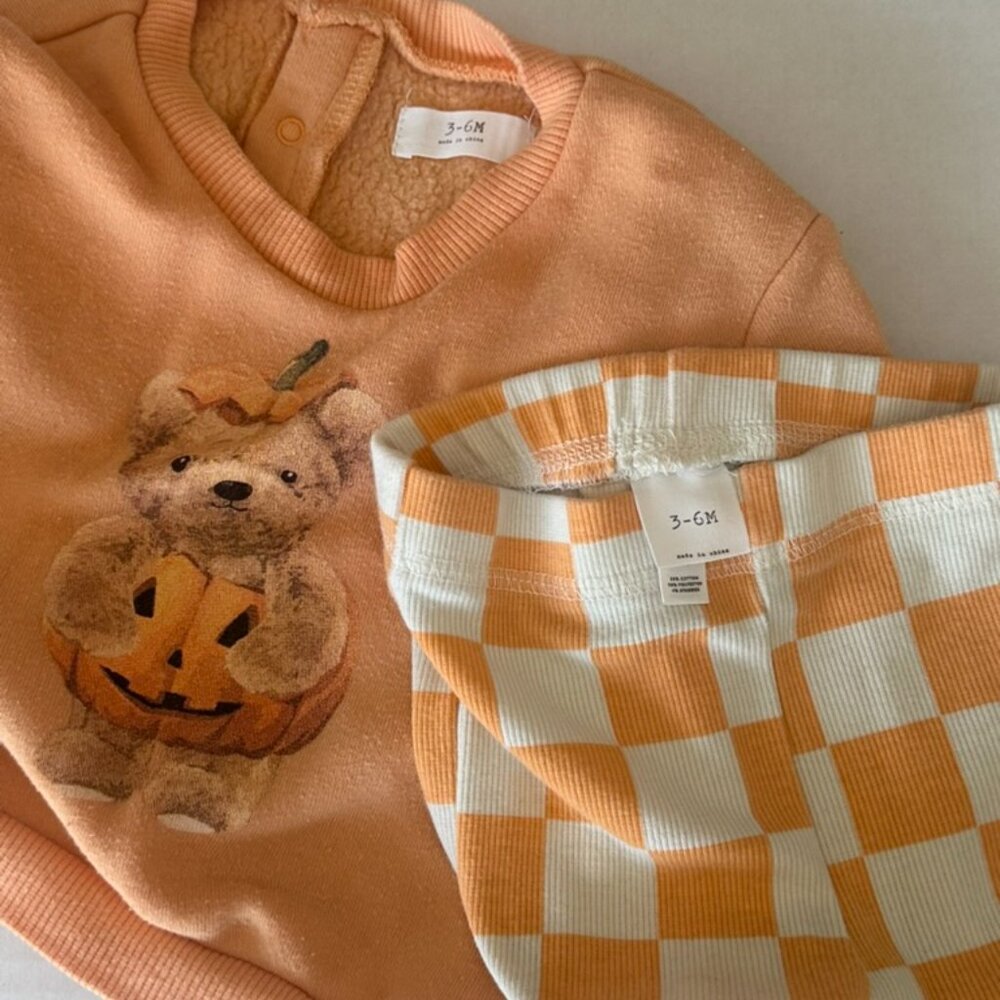 Target Baby 2pc Teddy Bear Halloween Pumpkin Pullover & Checkered Bottom Set - Picture 3 of 5
